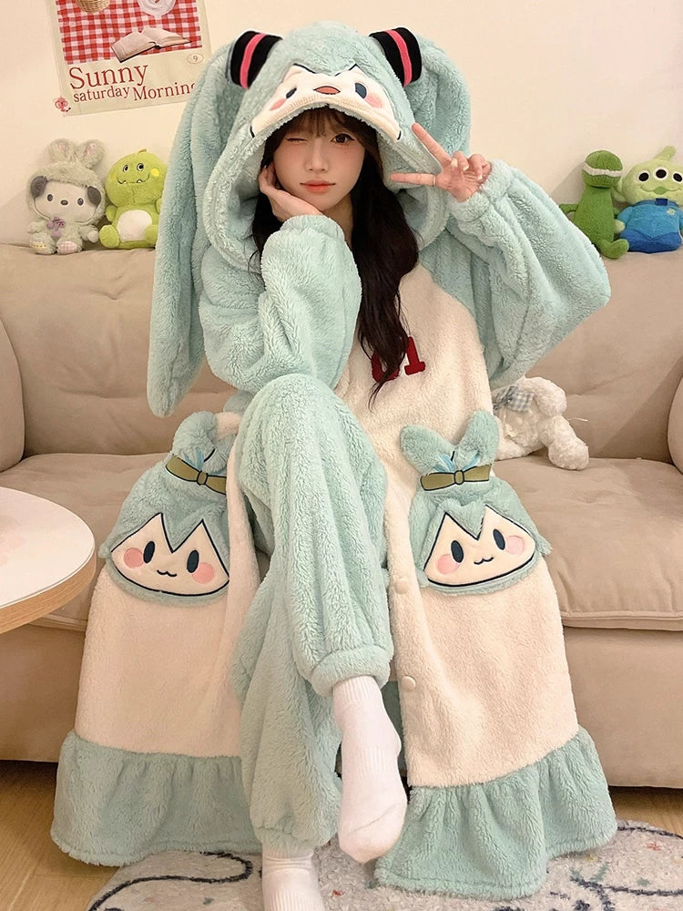 Fanmade Hatsune Miku Coral Fleece Bathrobe – Thick Warm Long Cartoon Loungewear - Image 3