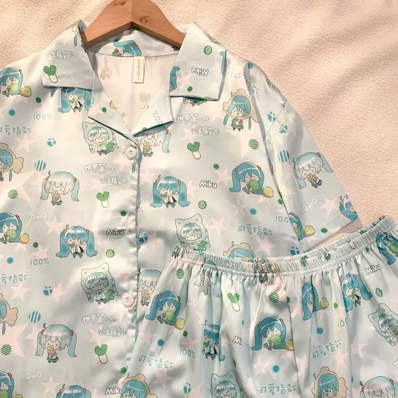 Fanmade Hatsune Miku Ice Silk Pajama Set – Lightweight Short Sleeve & Shorts Summer Loungewear - Image 3