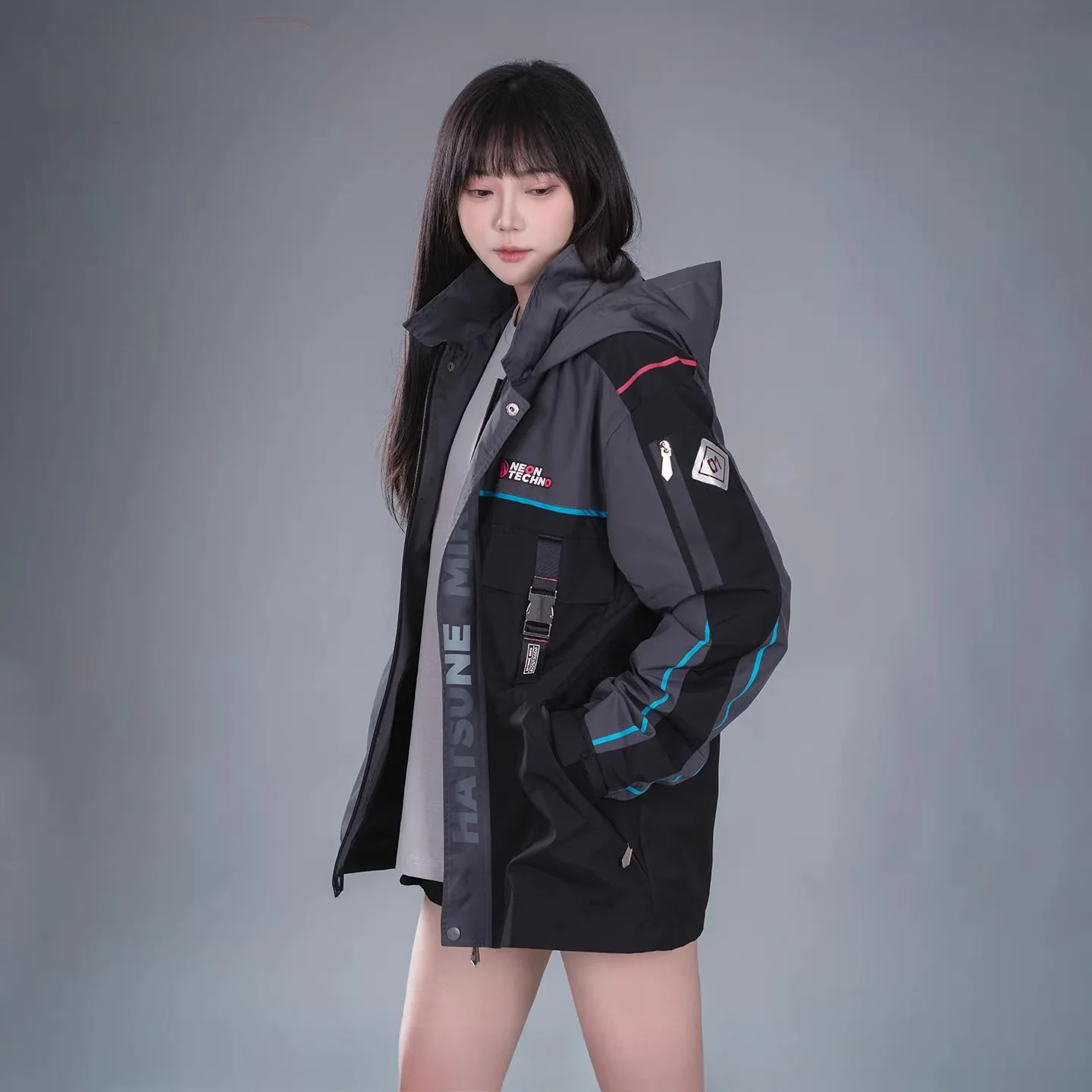 Official Hatsune Miku Neon Electronic Music Series Techwear Hooded Jacket – Casual Windbreaker Coat - Image 3