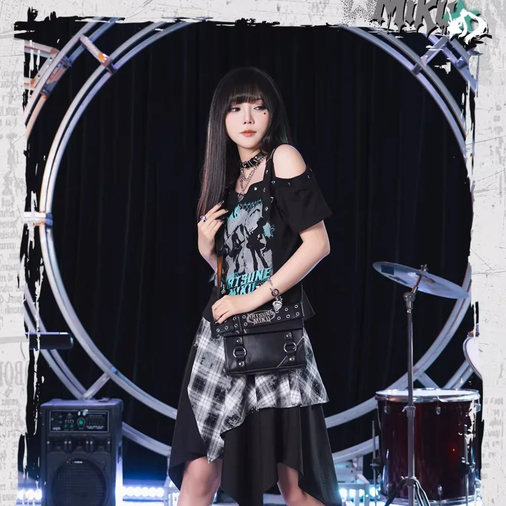 Official Hatsune Miku Rock Future Large Capacity Commuter Crossbody Bag, Studded Punk Biker Shoulder Bag for Women - Image 7