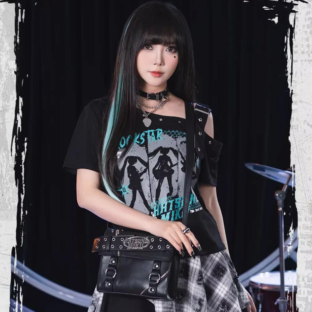 Official Hatsune Miku Rock Future Large Capacity Commuter Crossbody Bag, Studded Punk Biker Shoulder Bag for Women - Image 8