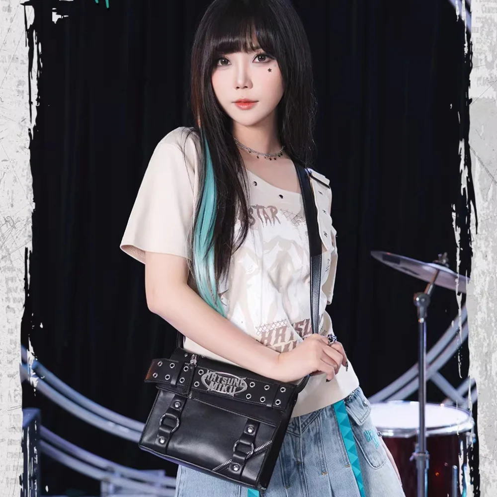 Official Hatsune Miku Rock Future Large Capacity Commuter Crossbody Bag, Studded Punk Biker Shoulder Bag for Women - Image 9