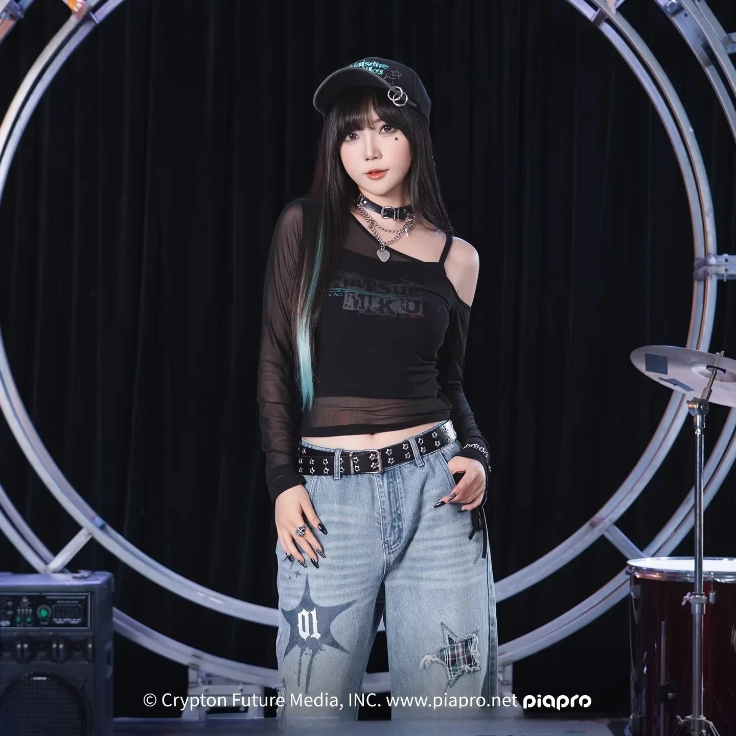Official Hatsune Miku Rock Future Off-Shoulder Mesh Long Sleeve Top for Women, Layered Cami T-Shirt - Image 4