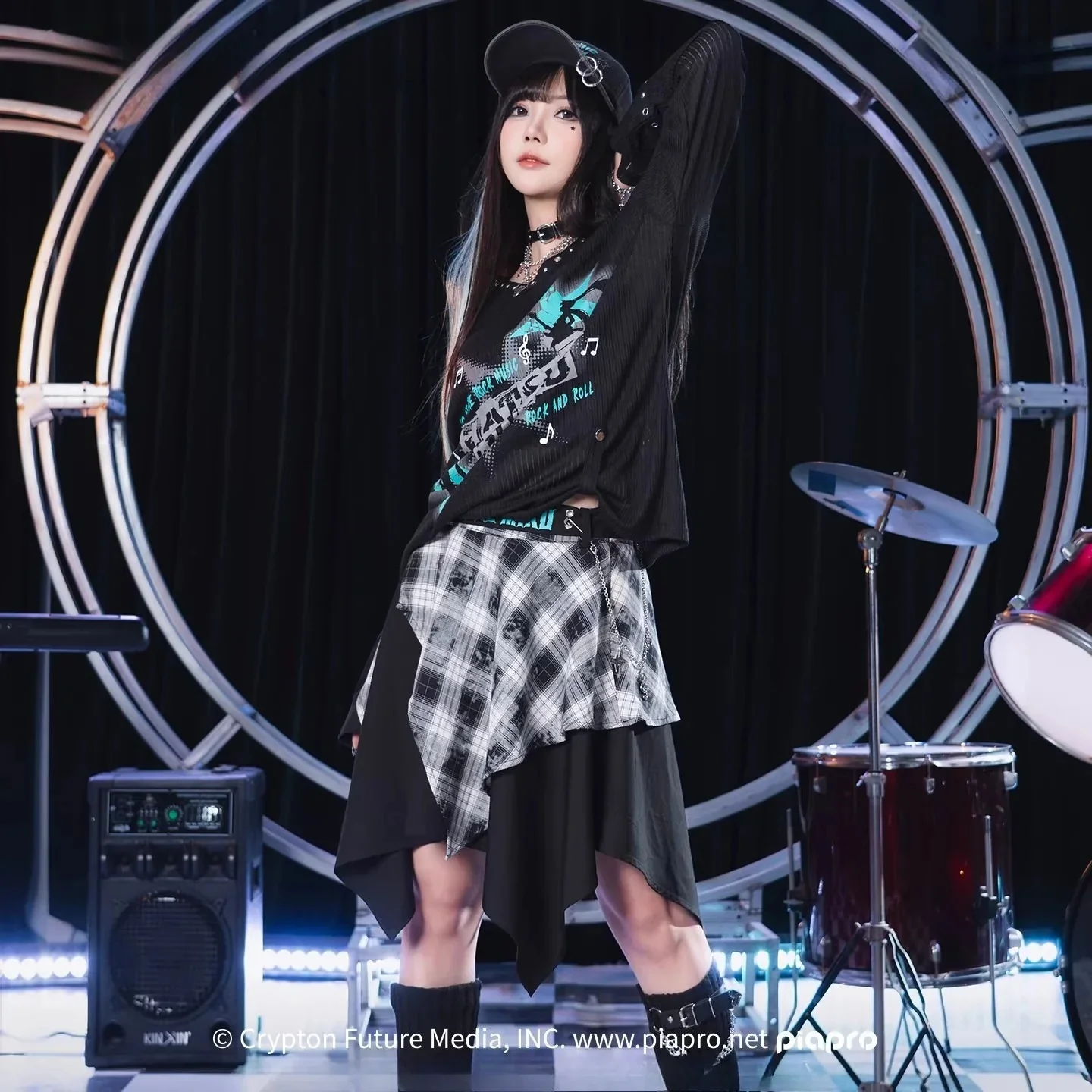 Official Hatsune Miku Rock Future Plaid Patchwork Asymmetrical High-Waisted Mini Skirt for Women - Image 4