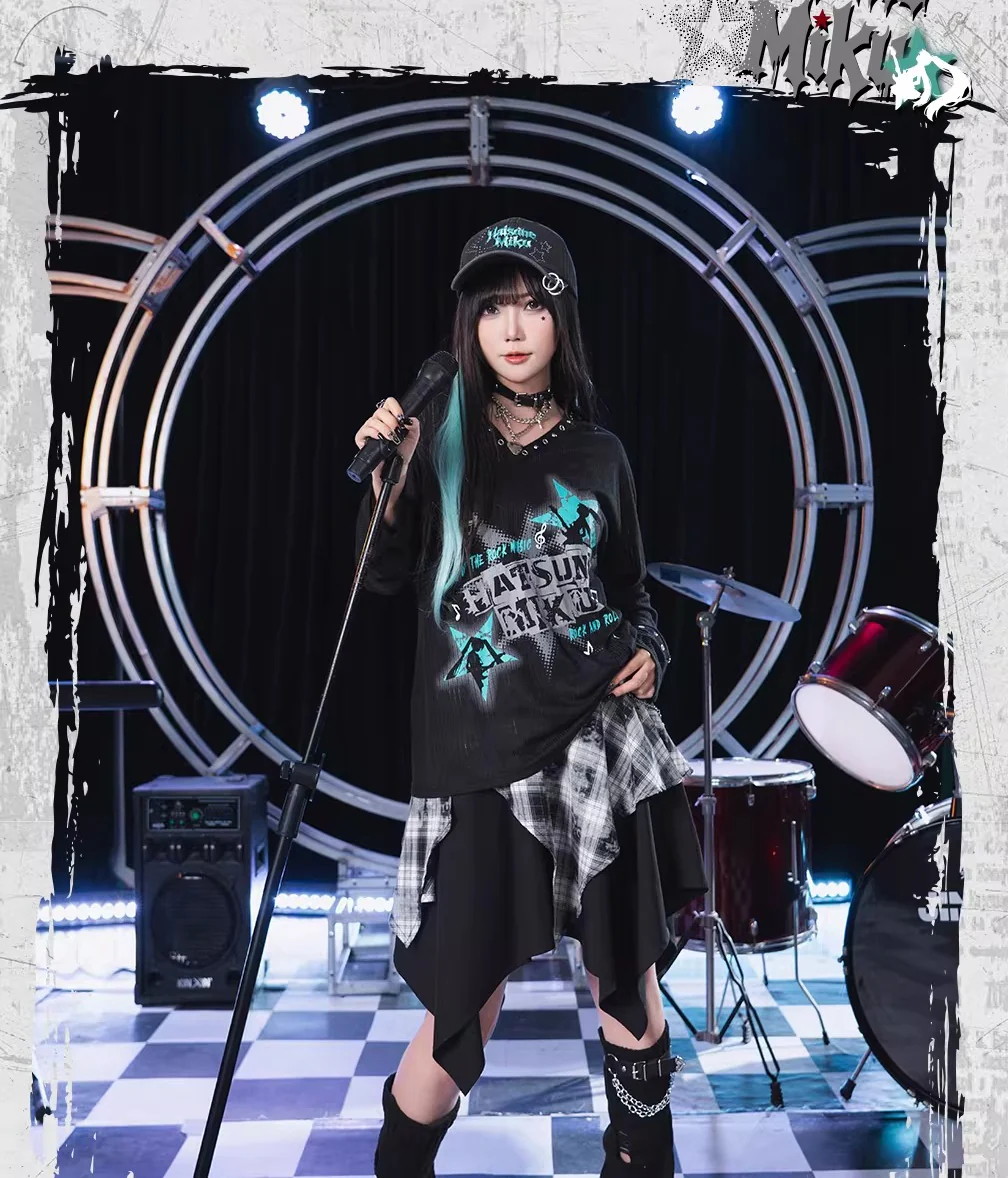 Official Hatsune Miku Rock Future Plaid Patchwork Asymmetrical High-Waisted Mini Skirt for Women - Image 7