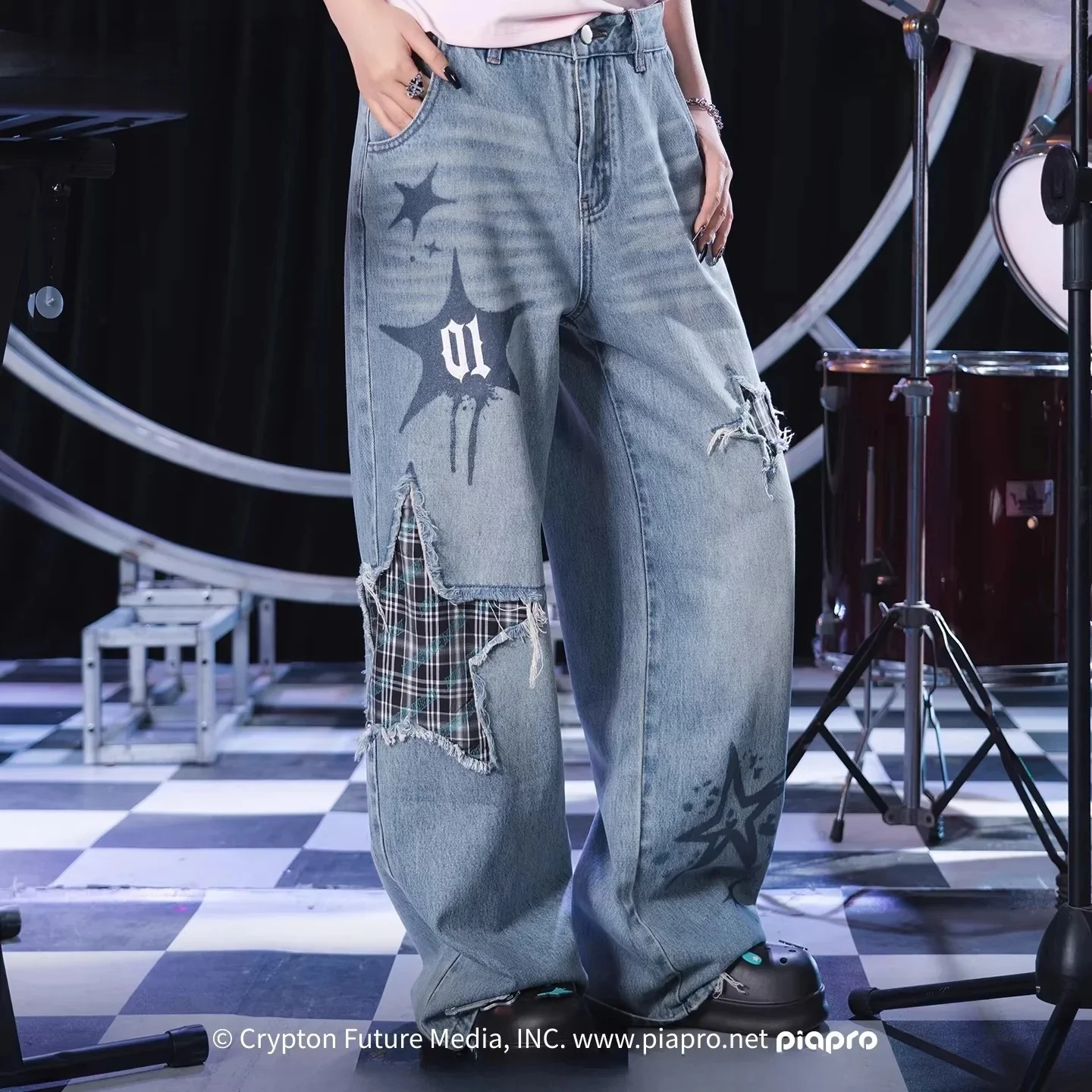 [Pre-Order, Ships Within 60 Days] Official Hatsune Miku Rock Future Punk Distressed Printed Wide-Leg Jeans for Women - Image 4