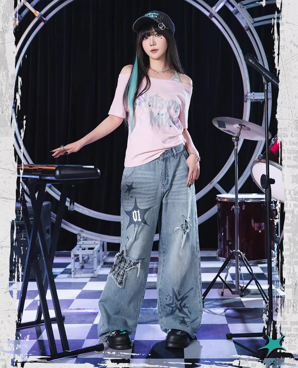 Official Hatsune Miku Rock Future Vintage Off-Shoulder Cropped T-Shirt for Women, Loose-Fit Top - Image 8
