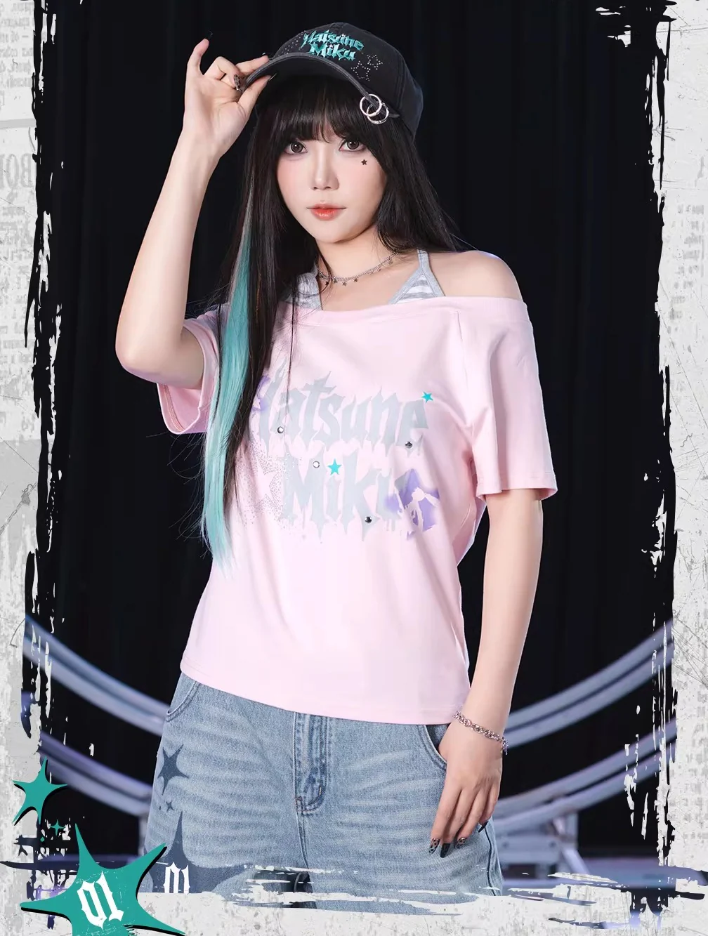 Official Hatsune Miku Rock Future Vintage Off-Shoulder Cropped T-Shirt for Women, Loose-Fit Top - Image 9