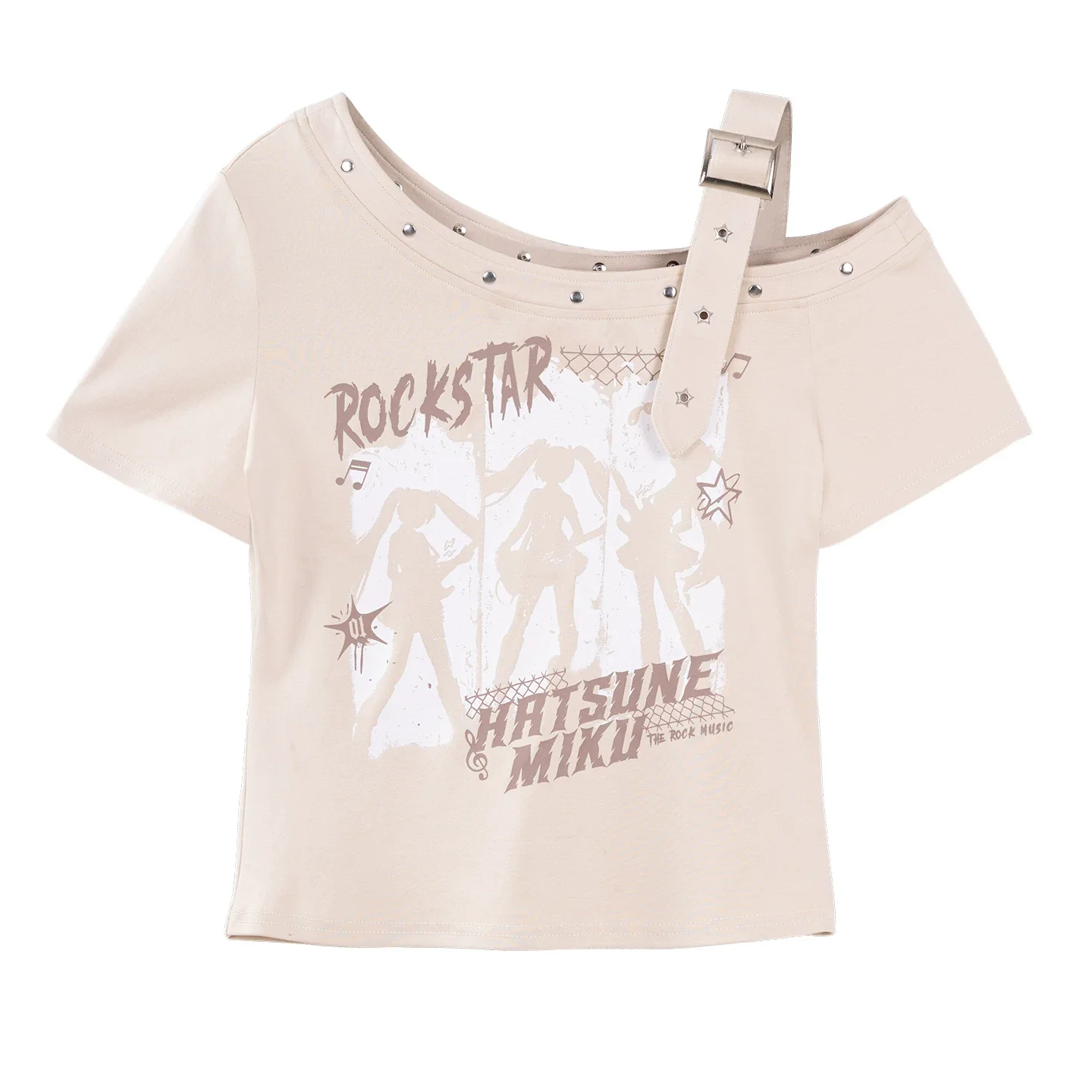 Official Hatsune Miku Rock Future Vintage One-Shoulder Cami Short Sleeve Top, Loose-Fit Summer Shirt - Image 14