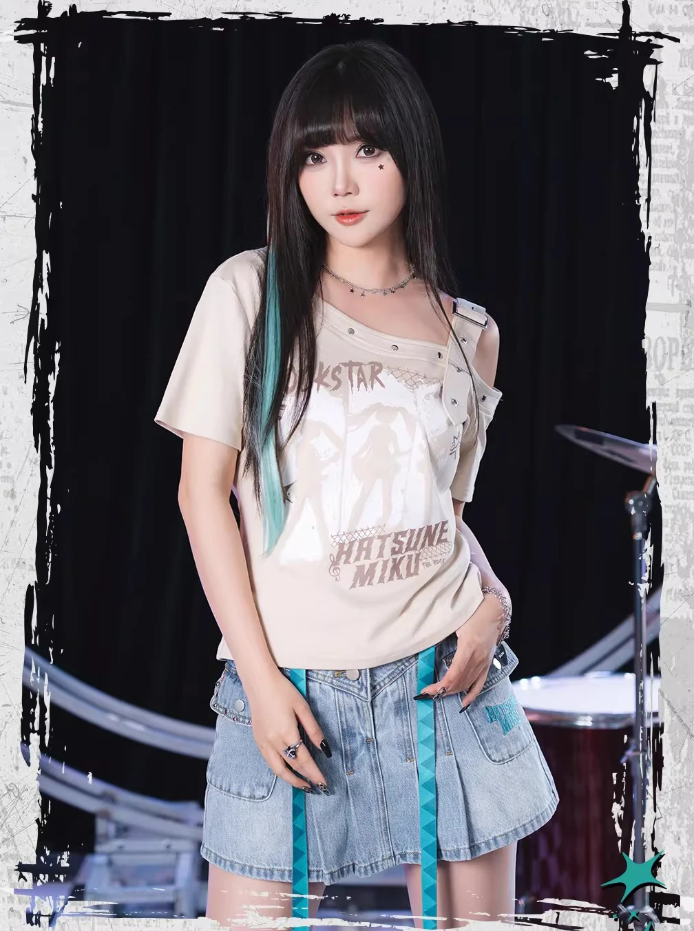 Official Hatsune Miku Rock Future Vintage One-Shoulder Cami Short Sleeve Top, Loose-Fit Summer Shirt - Image 8