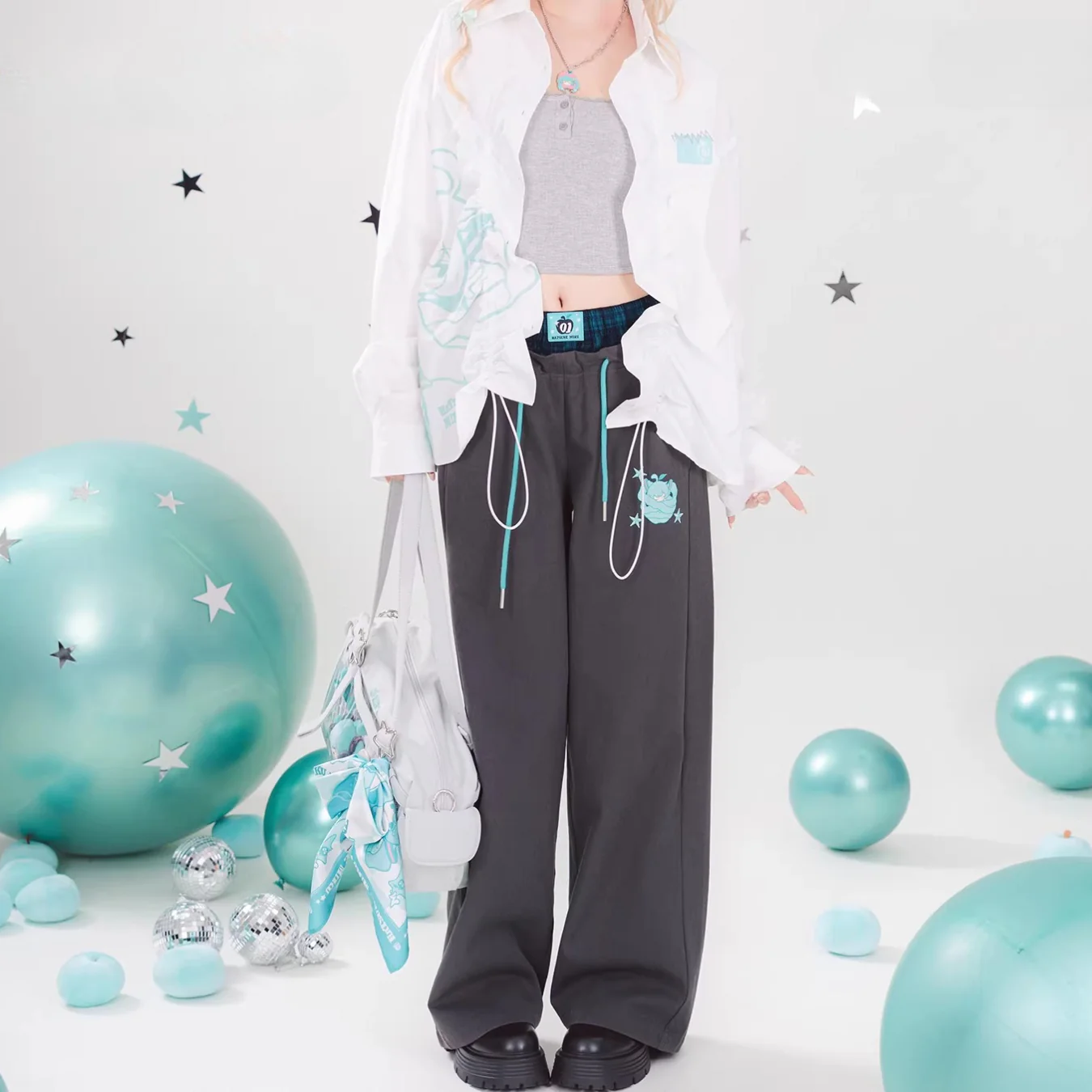Official Hatsune Miku Y2K Double Waist Sweatpants – Women’s Loose Curved Wide Leg Joggers - Image 3