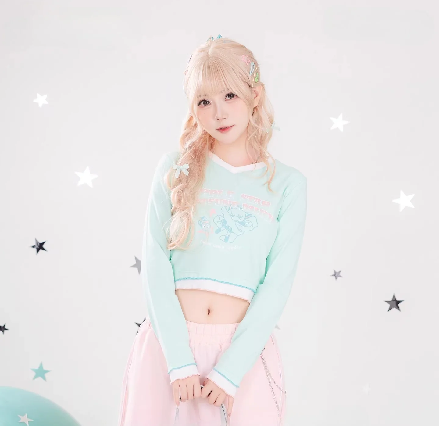 Official Hatsune Miku Y2K Ice Candy Long Sleeve V-Neck Cropped Top – Slim Fit Streetwear - Image 2